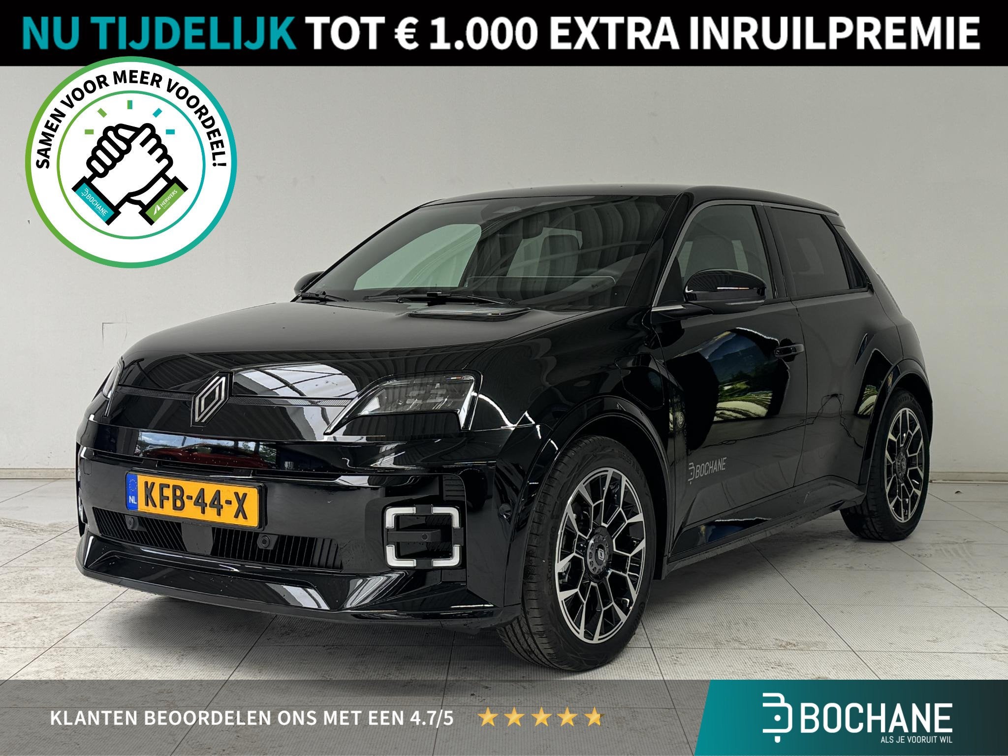 Renault 5 comfort range Roland-Garros 52 kWh | Navigatie | C, Auto's, Gebruikt, Leder en Stof, Zwart, Origineel Nederlands