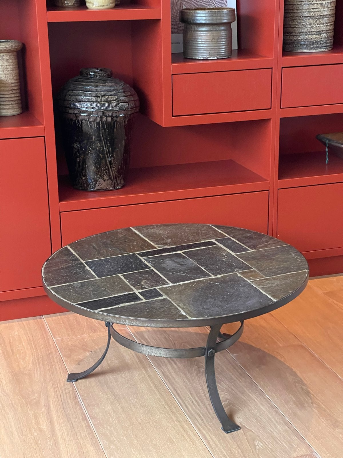 Brutalist Salontafel Leisteen Smeedijzer Jaren 60/70, Ophalen, Paul kingsma, brutalist, Gebruikt, Rond