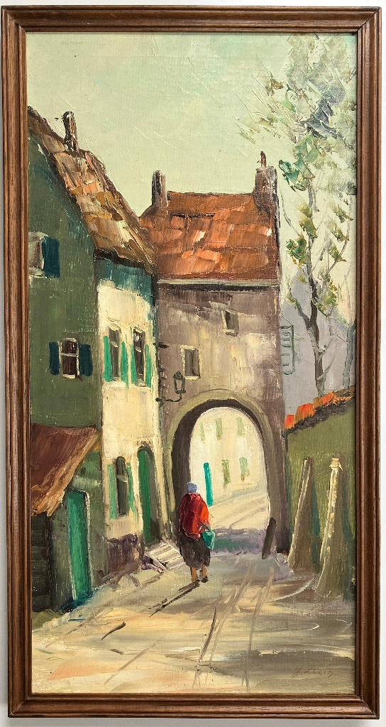J. Klein, oud stadje met poort, i.z.g.st., Antiek en Kunst, Kunst | Schilderijen | Klassiek, Ophalen of Verzenden