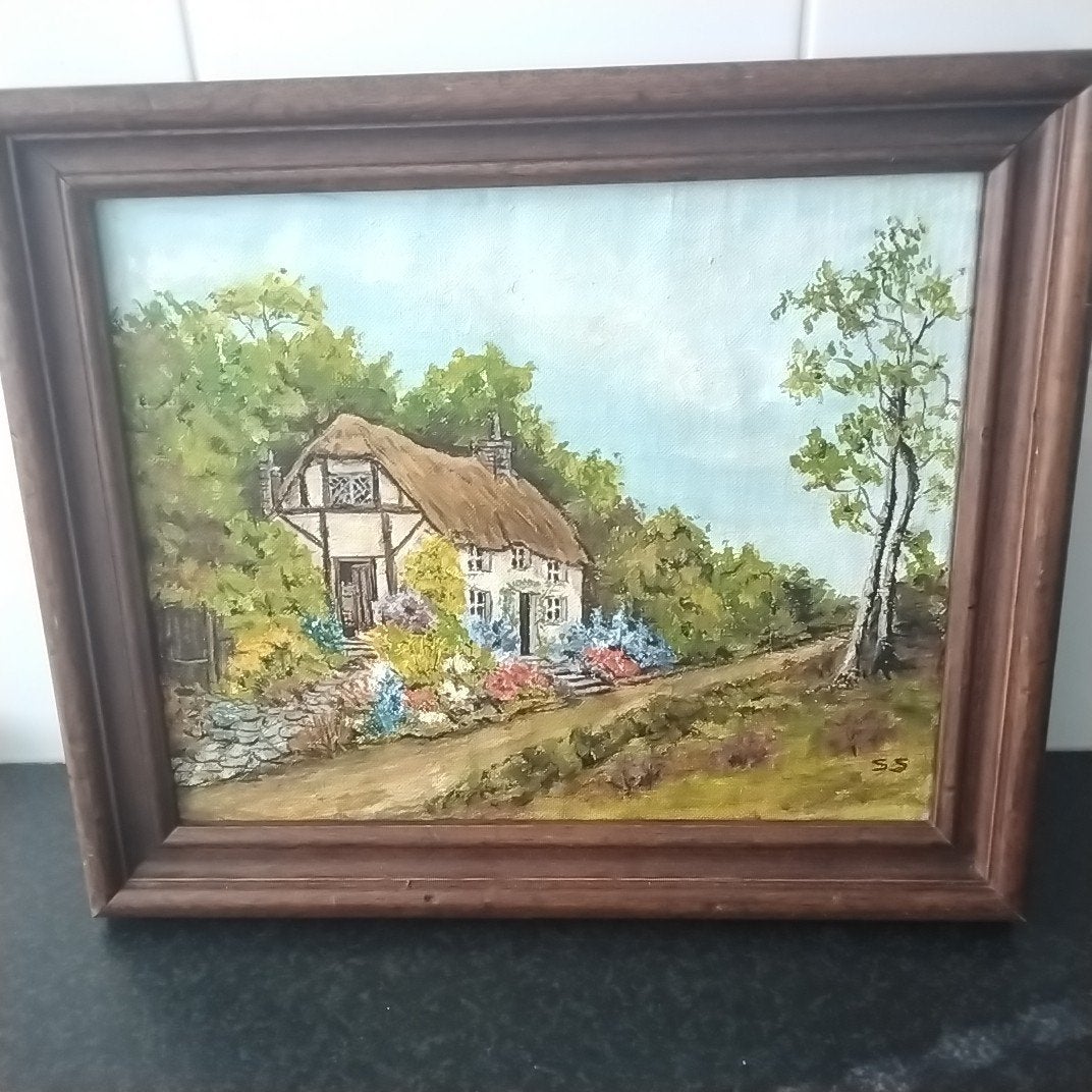 landelijk olieverf  schilderij  cottage, Ophalen of Verzenden