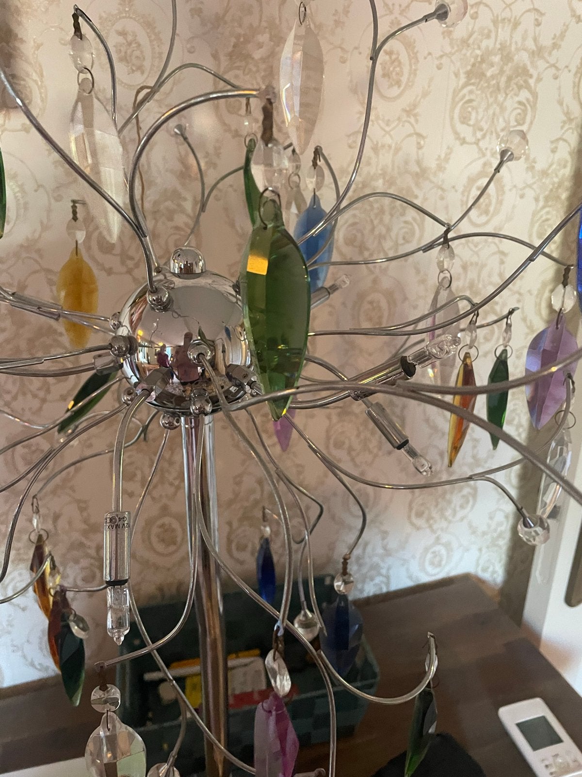 Prachtige tafellamp met gekleurde glazen druppels en dimmer, Ophalen, Dimbaar, Gebruikt, Meerkleurig