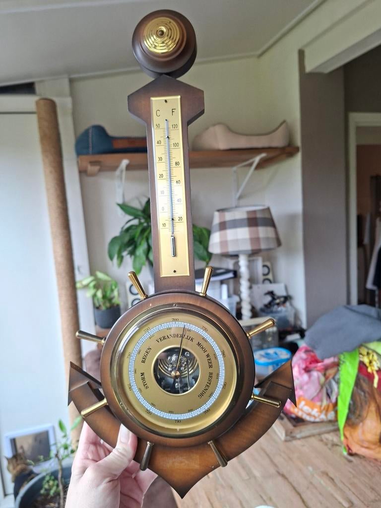Vintage scheepsanker weerstation met barometer, Ophalen of Verzenden, Gebruikt, Weerstation
