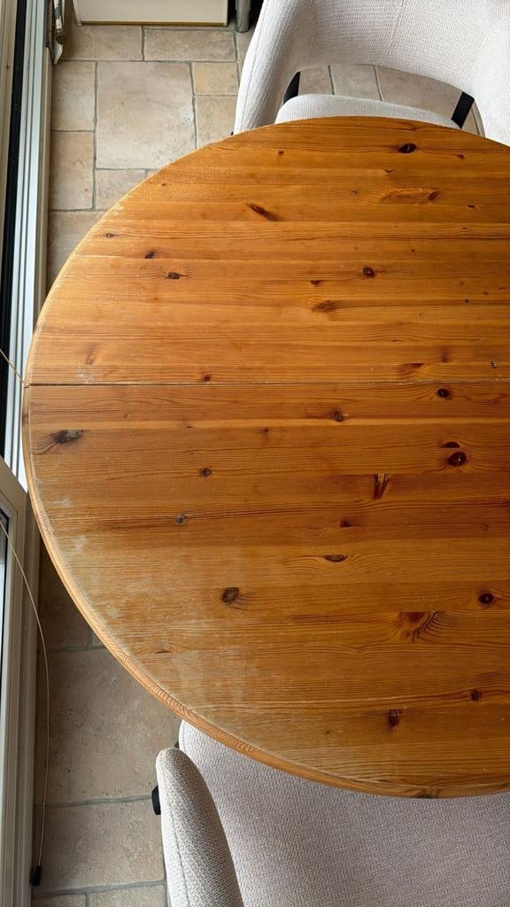 Ronde grenen tafel - uitschuifbaar met tussenstuk, Huis en Inrichting, Tafels | Eettafels, Ophalen, Gebruikt, Rond, Overige houtsoorten