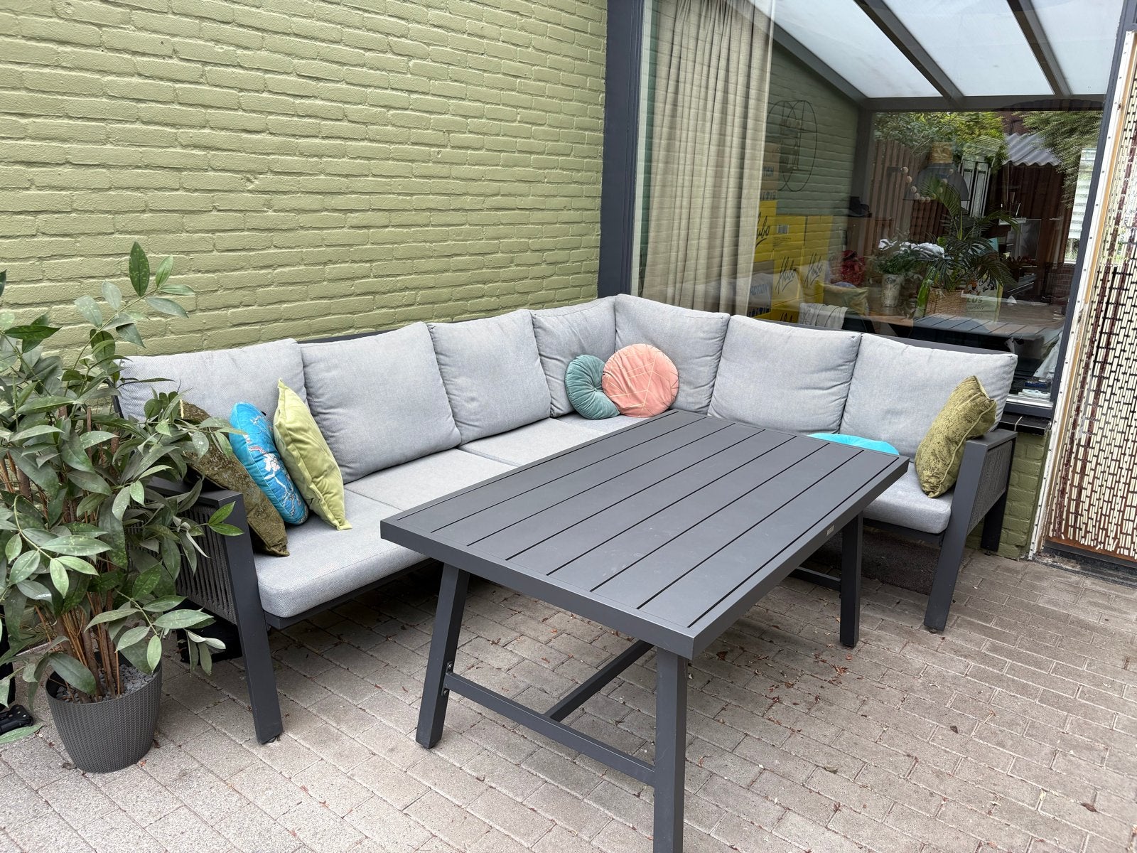Moderne aluminium dining loungeset met tafel, Ophalen, 5 zitplaatsen, Aluminium, Zo goed als nieuw