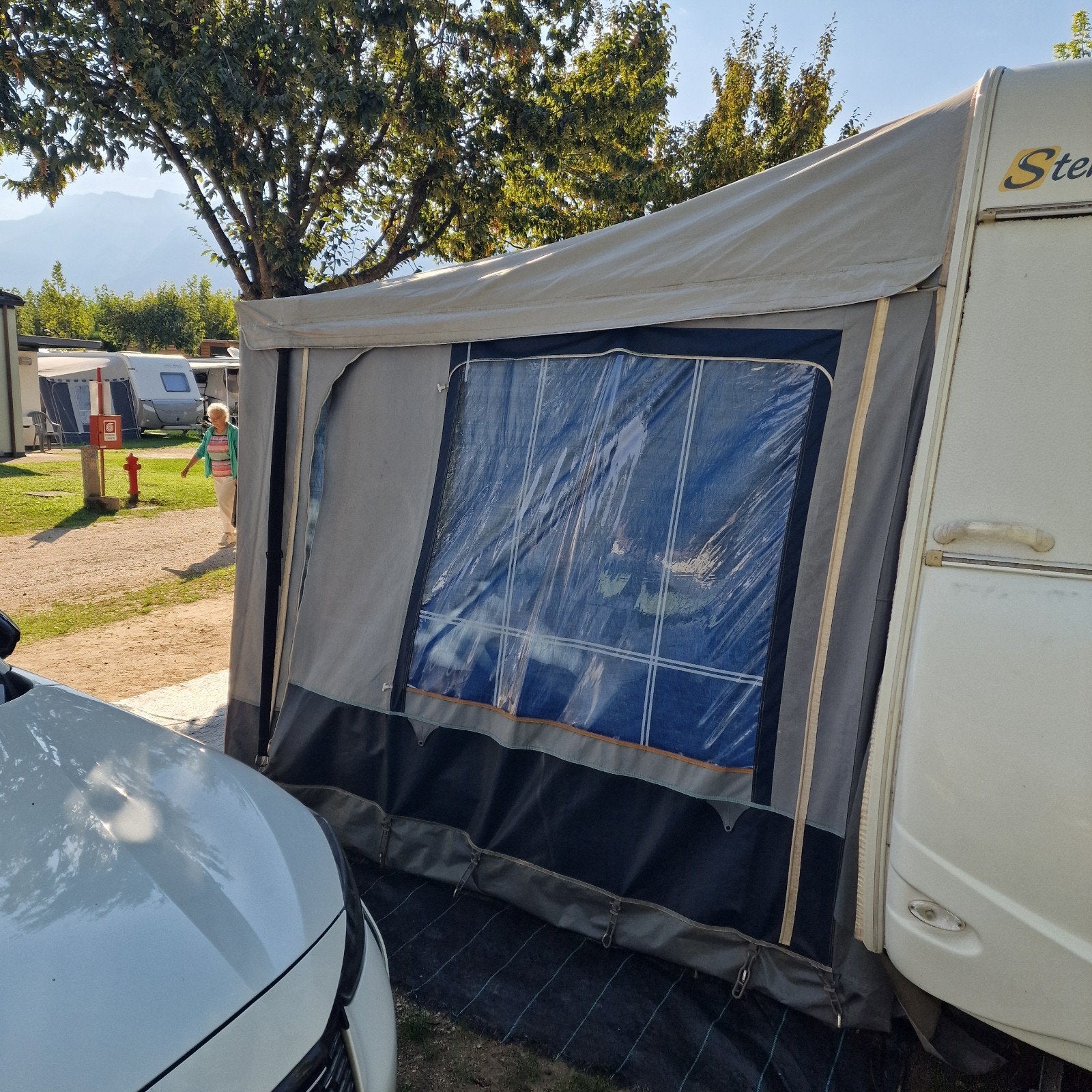 voortent dorema rimini met stalen frame maat 8 kleur blauw -, Ophalen, Gebruikt