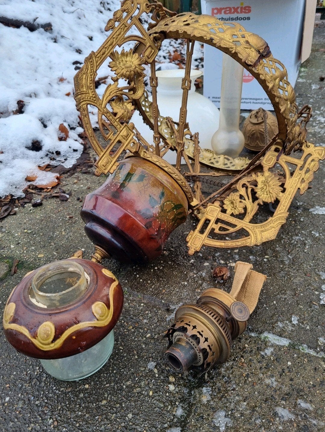 Werkelijk prachtige antieke petroleum hanglamp vr liefhebber, Antiek en Kunst, Antiek | Lampen, Ophalen of Verzenden