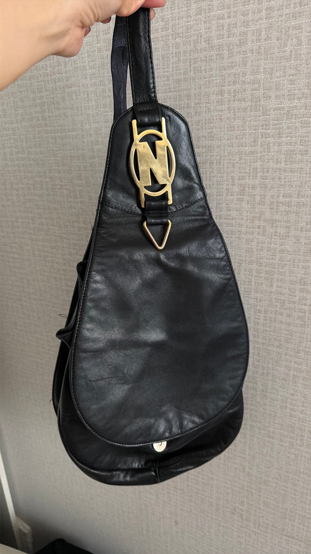 Vintage gitaar vorm tas echt leer nouschka N zwart sexy mooi, Ophalen of Verzenden, Zwart, Handtas
