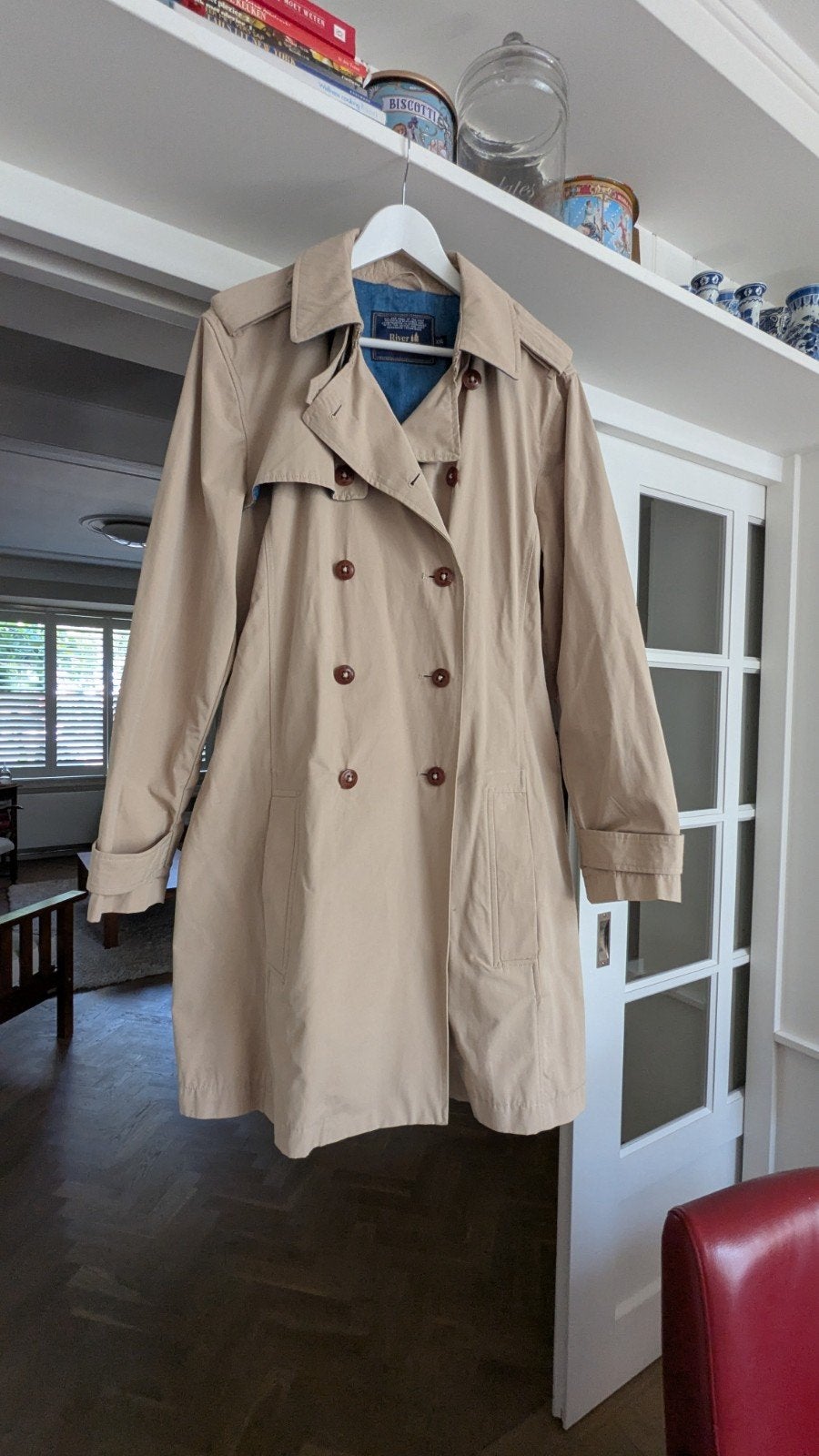 Riverwoods beige trenchcoat met blauwe details, Kleding | Dames, Ophalen of Verzenden, Zo goed als nieuw, Maat 46/48 (XL) of groter
