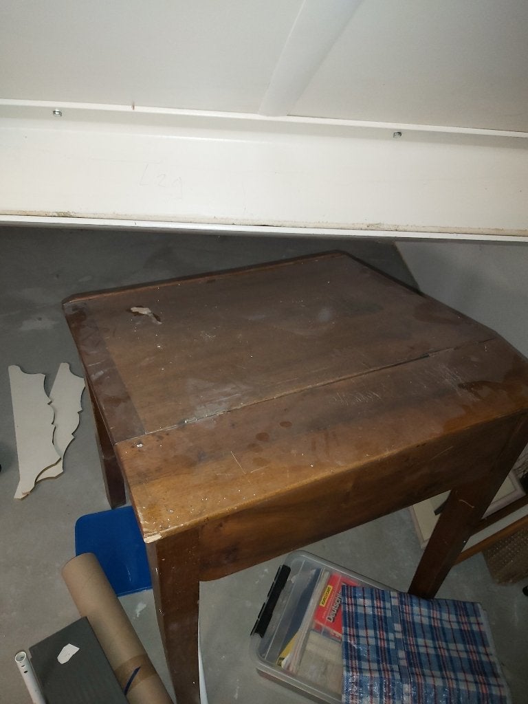 antieke houten schoolbank of schijfbureau, Ophalen