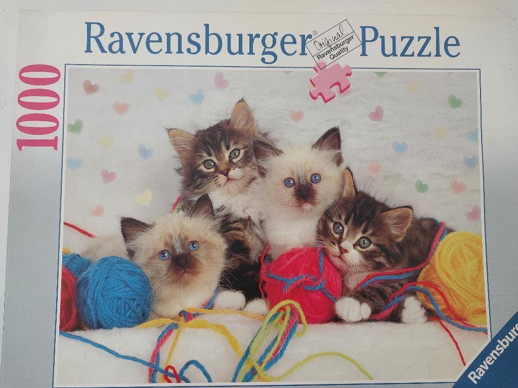 Ravensburger puzzel katten met wol 1000st compleet zgan, Ophalen of Verzenden, 500 t/m 1500 stukjes, Zo goed als nieuw, Legpuzzel
