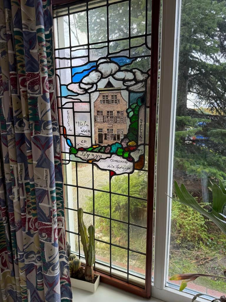 Uniek Glas-in-lood paneel 'Wel-doen en Bly zyn' Toon Berg, Ophalen of Verzenden