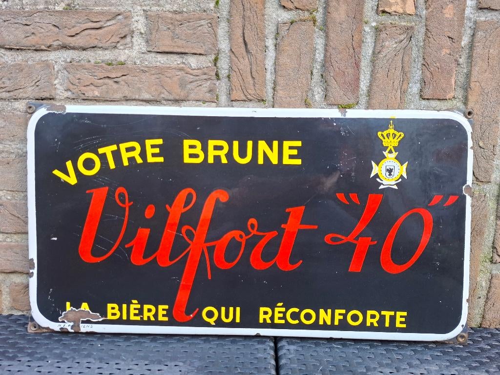 Emaillebord Vilfort 40 Brune bier, Verzamelen, Biermerken, Zo goed als nieuw, Reclamebord, Plaat of Schild, Overige merken, Ophalen of Verzenden