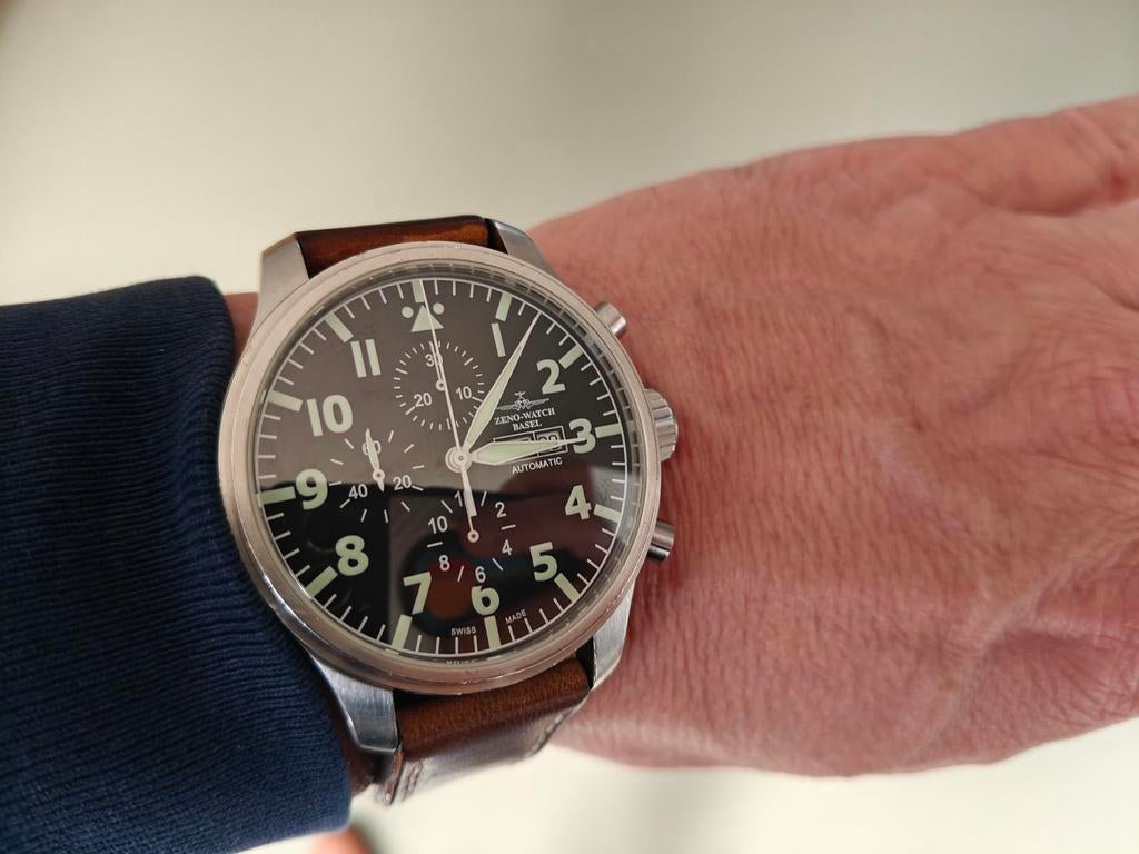 Zeno Watch Basel automatic pilot chrono oversized  horloge, Overige merken, Leer, Staal, Polshorloge