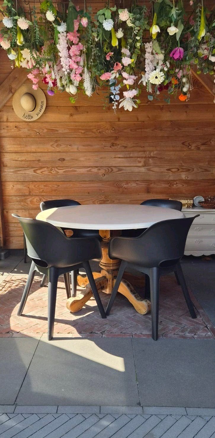Leuke tuinset, massief houten tafel + 4 stoelen, Ophalen, Gebruikt