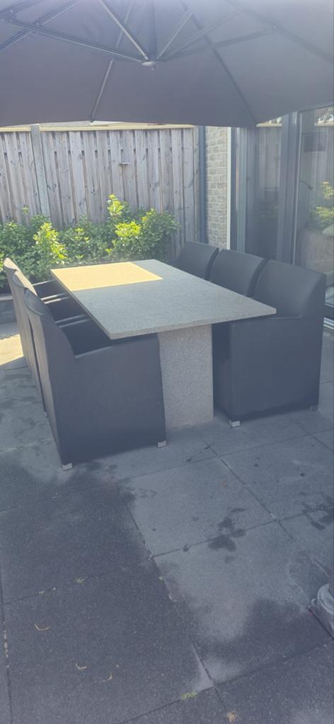 Natuurstenen tuintafel 220x100 met 6 Mood stoelen, Overige materialen, Gebruikt, 6 zitplaatsen, Ophalen of Verzenden
