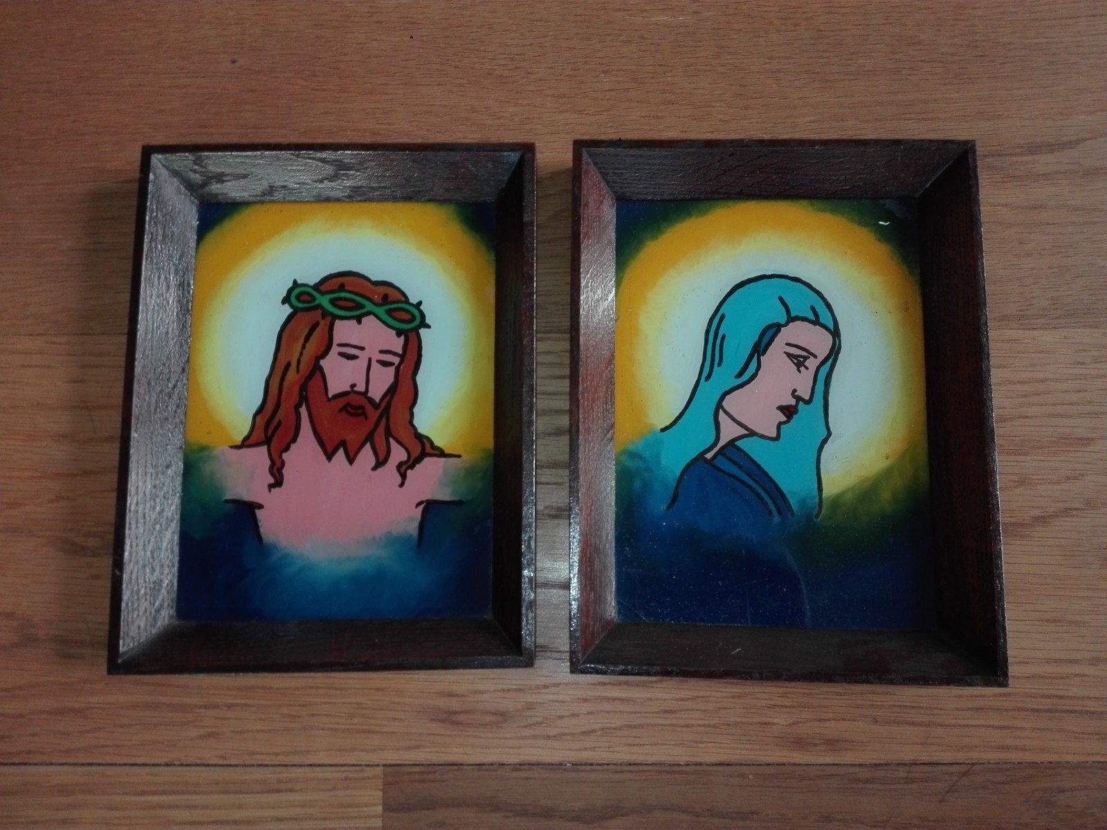 2 x glas glazen schilderij religie religieus, Ophalen of Verzenden