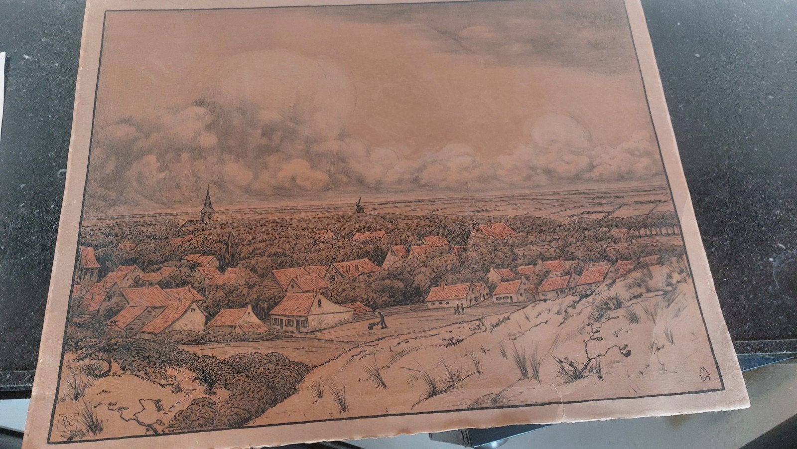 Vintage Prent Dorpsgezicht met Kerk en Molen, Ophalen of Verzenden, Prent