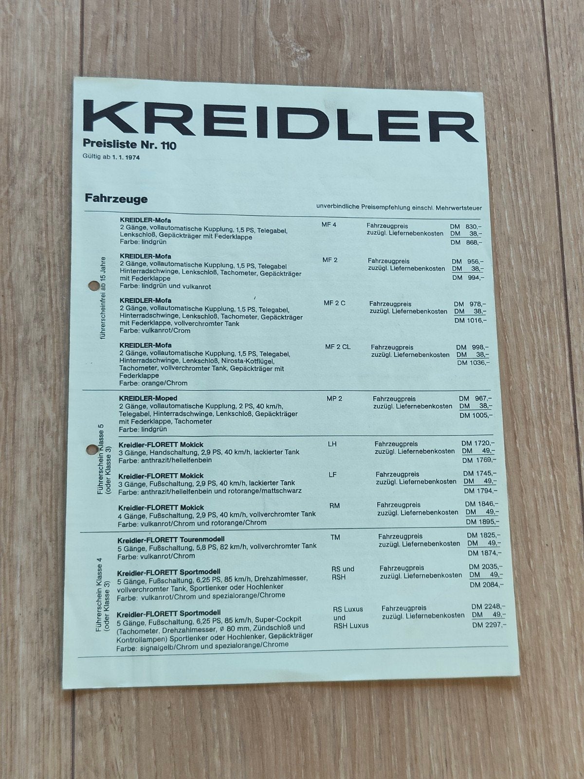 Kreidler prijslijst - Preisliste nr. 110 - 1.1.1974., Ophalen of Verzenden, Kreidler