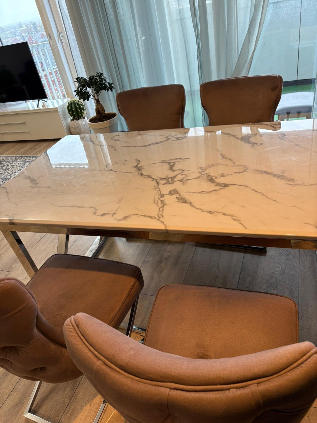 Eettafel met4 stoelen  en salontafel mermer style, Huis en Inrichting, Tafels | Eettafels, Ophalen, Overige materialen, Vierkant