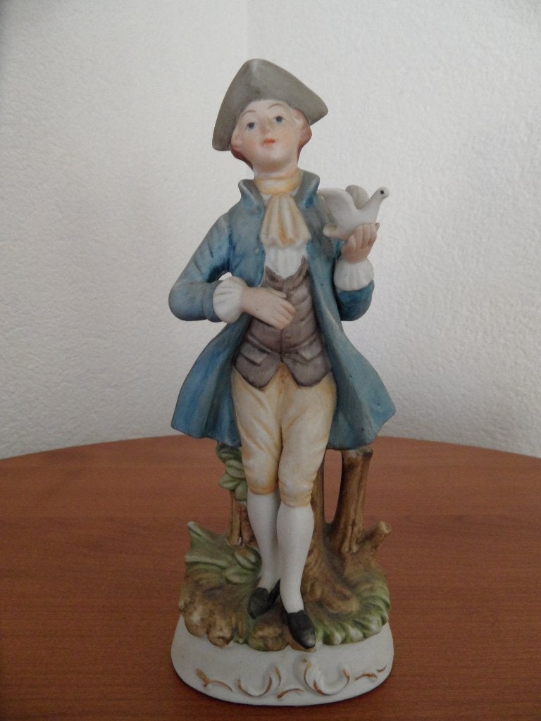 vintage biscuit porseleinen heer met duif - victoriaans, Ophalen of Verzenden