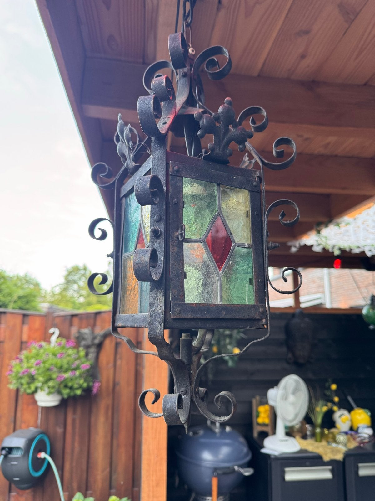 Antieke Franse Gaslamp uit 1880 - Handgesmeed met Glas-in-lo, Antiek en Kunst, Ophalen