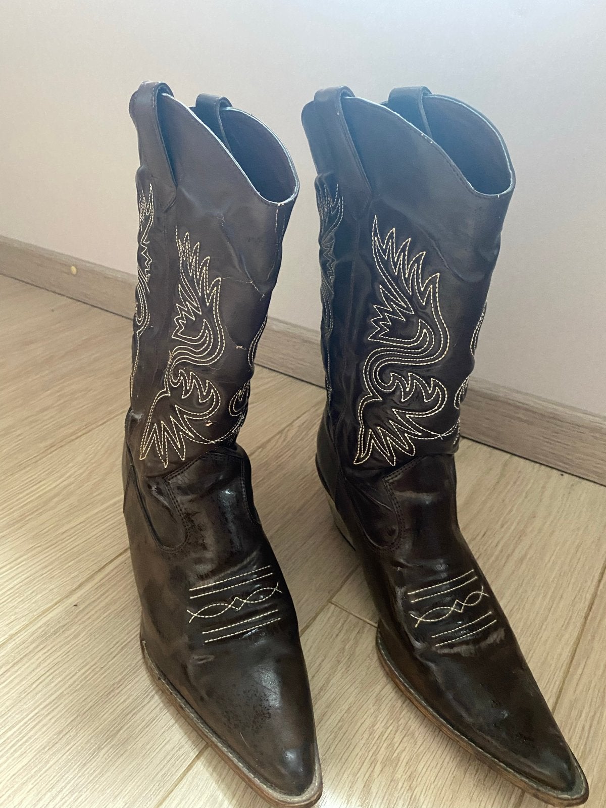 Vintage Cowboy Laarzen - Bruin met Witte Borduring, Bruin, Lage of Enkellaarzen, Ophalen of Verzenden, Gedragen