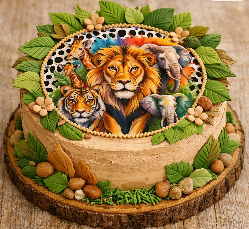 lf831 luxe icing jungle dieren safari eetbare print 20cm, Ophalen of Verzenden, Nieuw, Taarten, Versiering