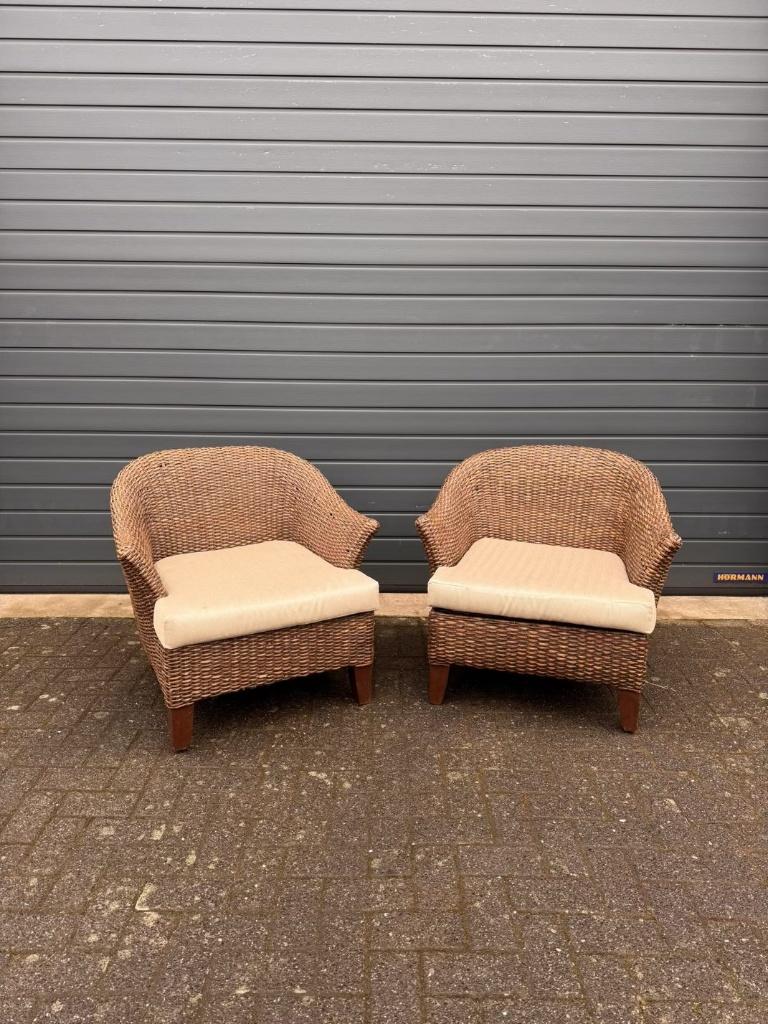 Vintage set rotan fauteuils met beige kussens, Gebruikt, 75 tot 100 cm, 75 tot 100 cm, Stof