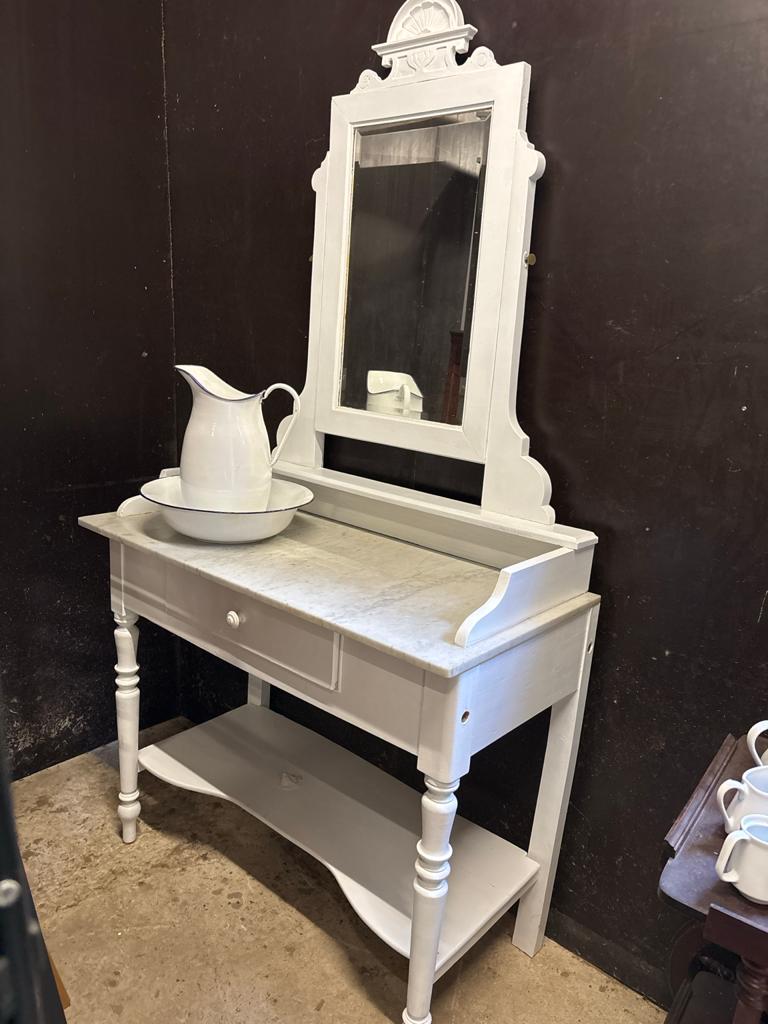 Franse brocante wastafel/toilettafel met spiegel marmer blad, Ophalen, Zo goed als nieuw