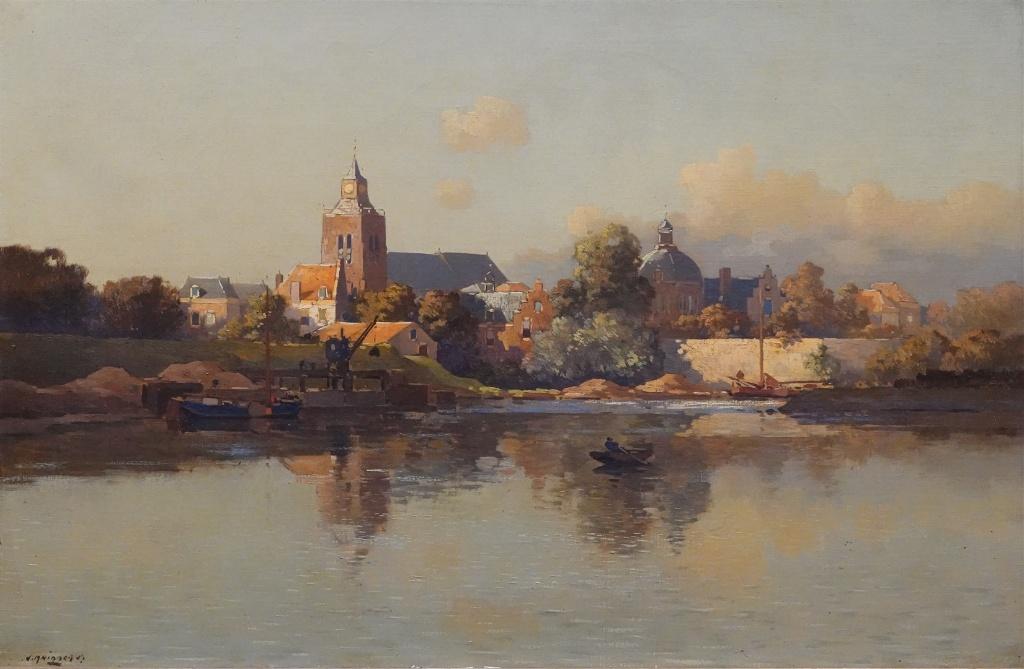 Jan Simon Knikker jr. - gezicht op Leerdam, Antiek en Kunst, Kunst | Schilderijen | Klassiek, Ophalen of Verzenden