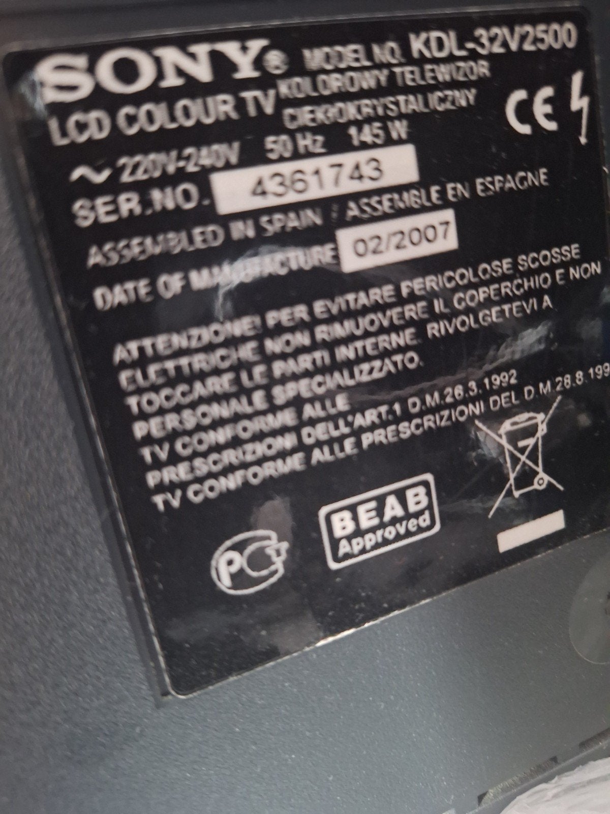 Sony KDL-32V2500 LCD TV, Ophalen, Gebruikt, 50 Hz, LCD