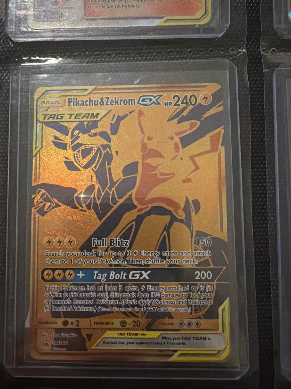 Pikachu & Zekrom GX Tag Team Pokémon Kaart (Goud), Ophalen of Verzenden, Zo goed als nieuw, Losse kaart, Foil
