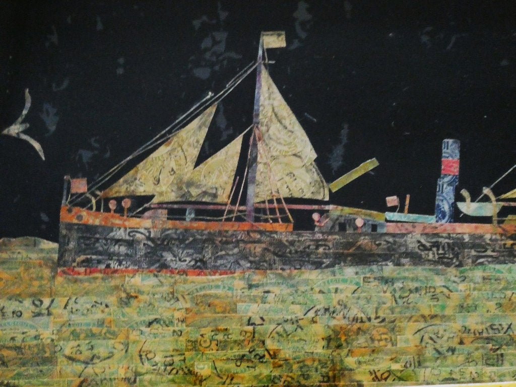 Uniek oud postzegel schilderij met een zeilboot maritiem, Ophalen of Verzenden