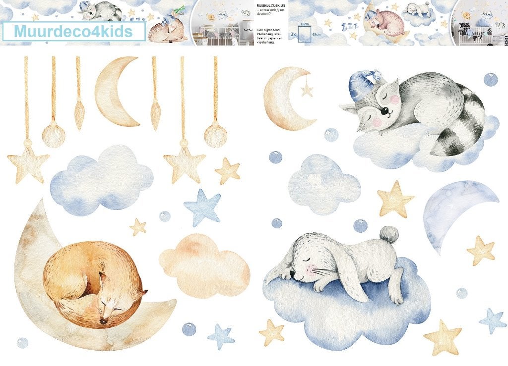 Slapende dieren op wolkjes muurstickers XXL set 2, babykamer, Verzenden, Nieuw