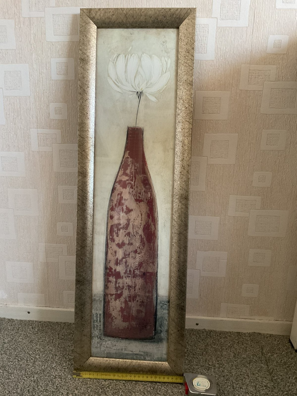 Langwerpig smal schilderij bloem in vaas, Ophalen, Gebruikt, 86 cm, Beige