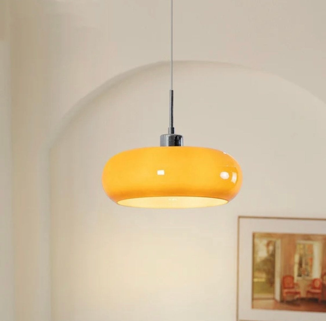 Oranje glazen hanglamp, Ophalen, Gebruikt, Glas, E27 (groot)