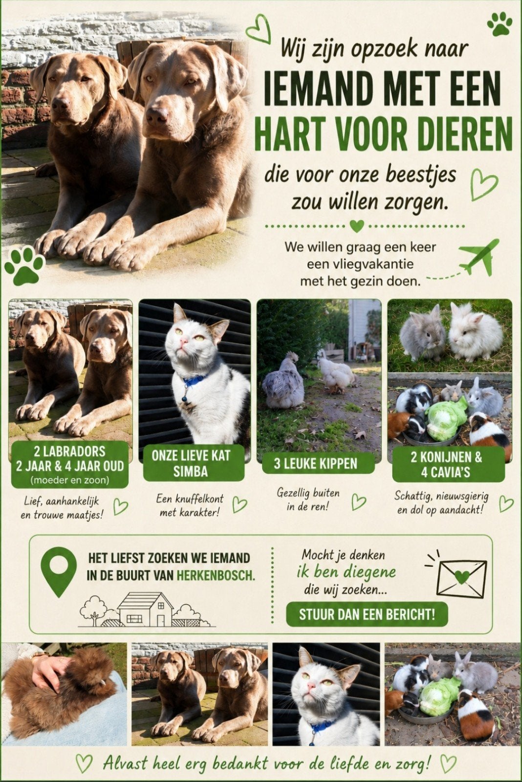 Oppas voor onze dieren gezocht., Dieren en Toebehoren, Overige Dieren, Augustus, Vrouwelijk