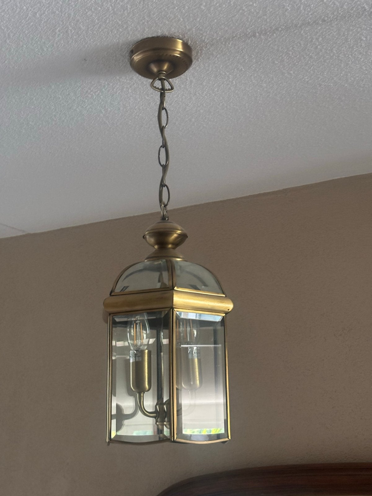 Klassieke Antieke Messing Lantaarn Hanglamp geslepen glas, Ophalen, Gebruikt, Glas