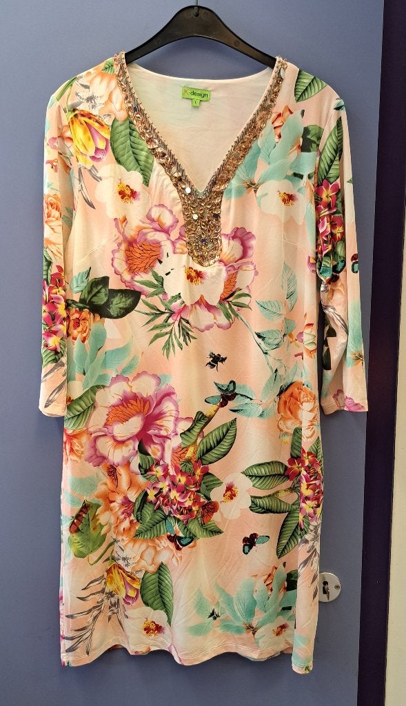 K-Design jurk roze bloemen print vlinders kraaltjes L 49414