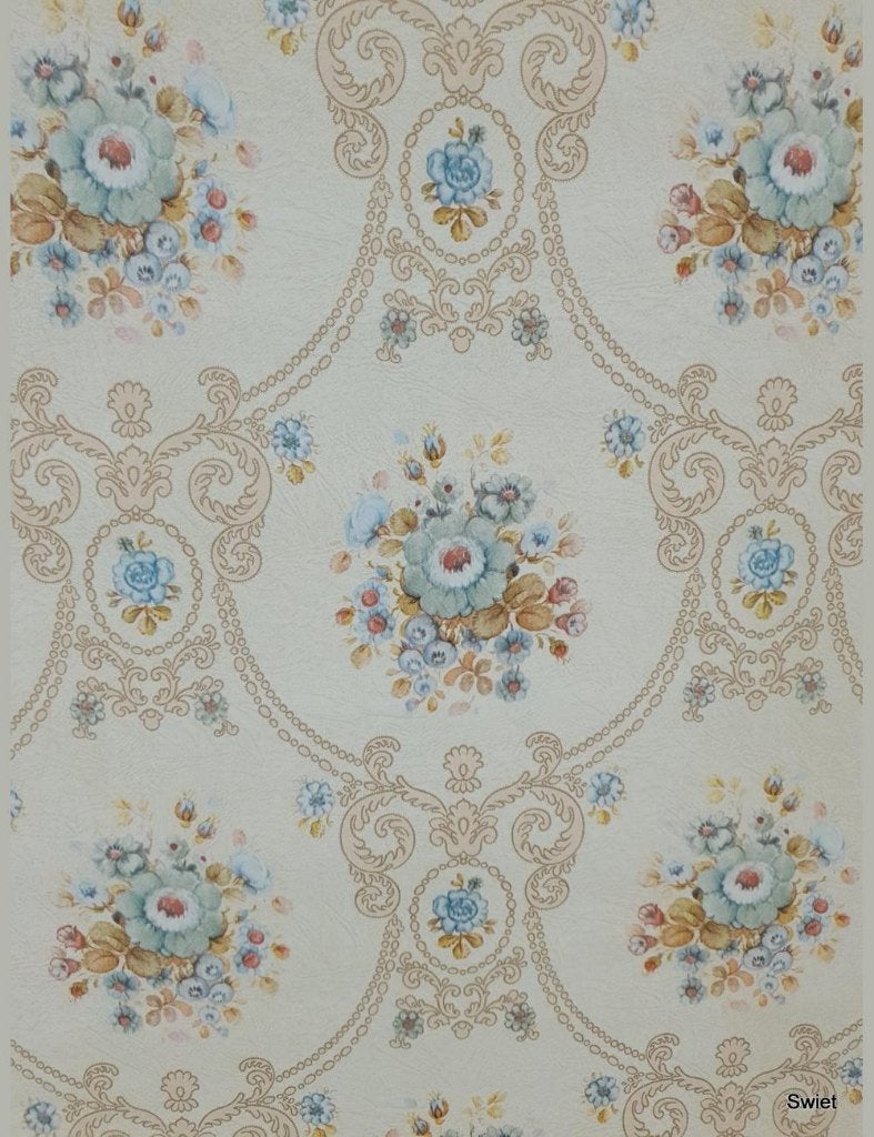 13973 Barok behang pastelblauw bloem klassiek vintage swiet, Ophalen of Verzenden, Bruin