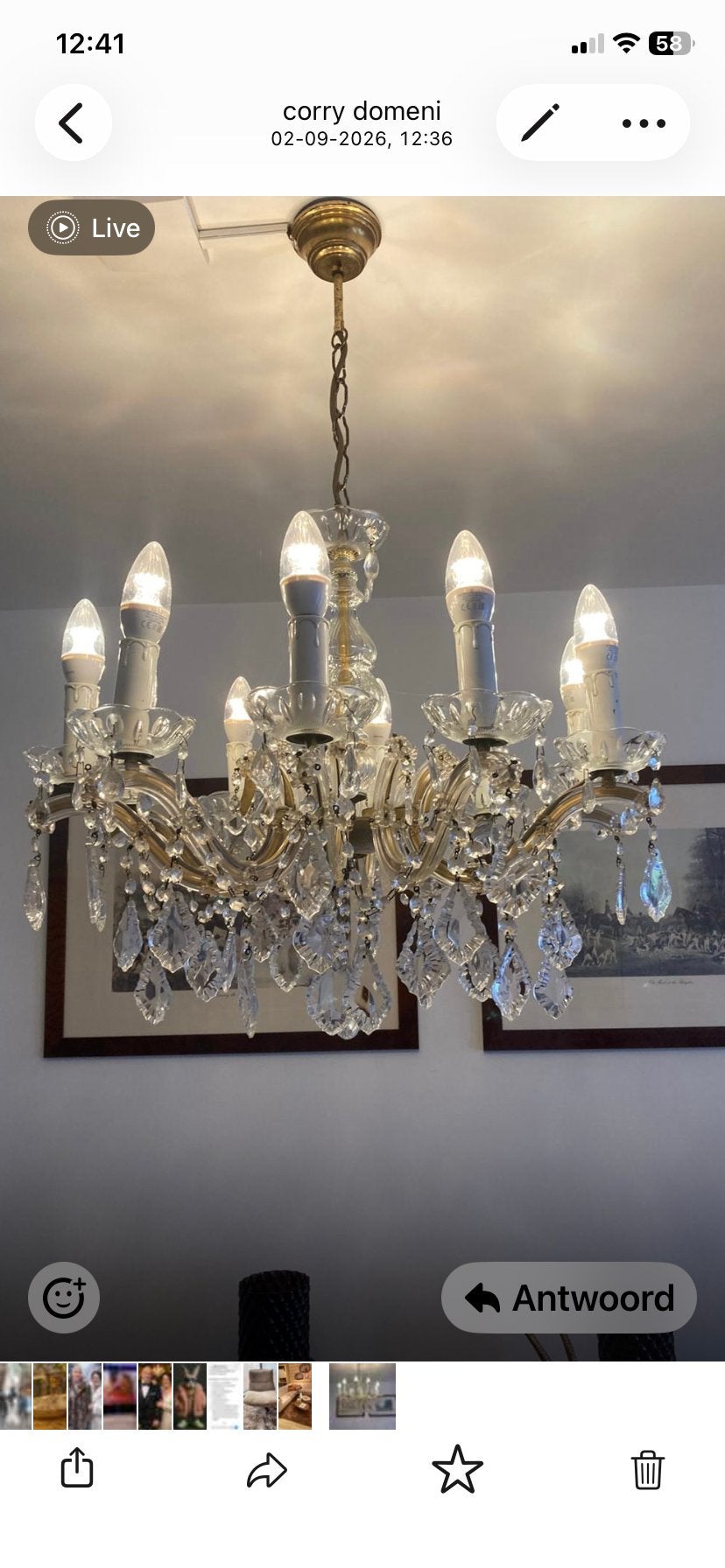 Vintage Kroonluchter Jaren 60/70 - Kristal & Koper - 10 Arms, Huis en Inrichting, Lampen | Kroonluchters, Ophalen, Zo goed als nieuw