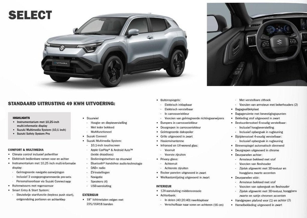 Suzuki e VITARA Select 61 kWh | €2000 euro inruil premie |, Auto's, Suzuki, Automatische klimaatregeling, Stof, 750 kg, Overige kleuren