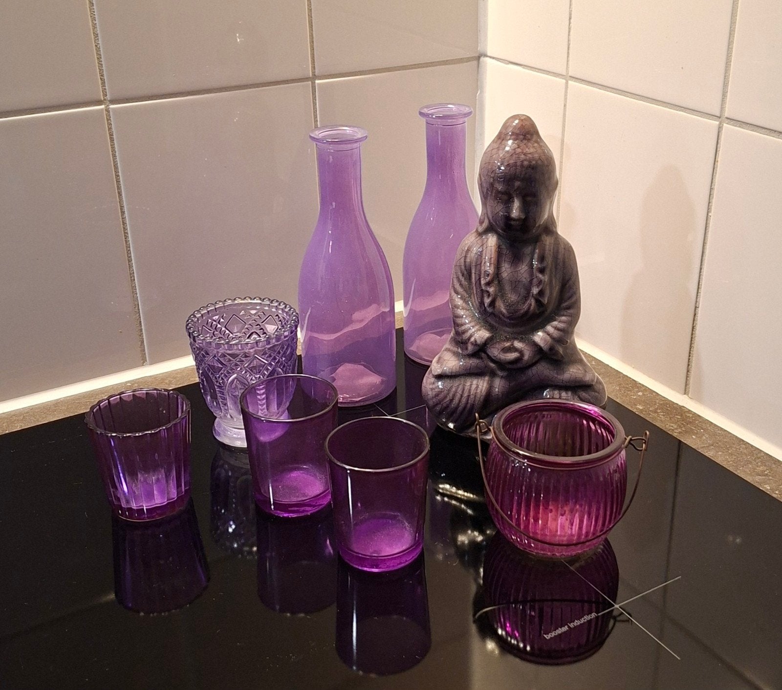 Paarse decoratieset: Boeddha, vazen en waxinelichthouders, Ophalen of Verzenden, Zo goed als nieuw, Modern, Glas