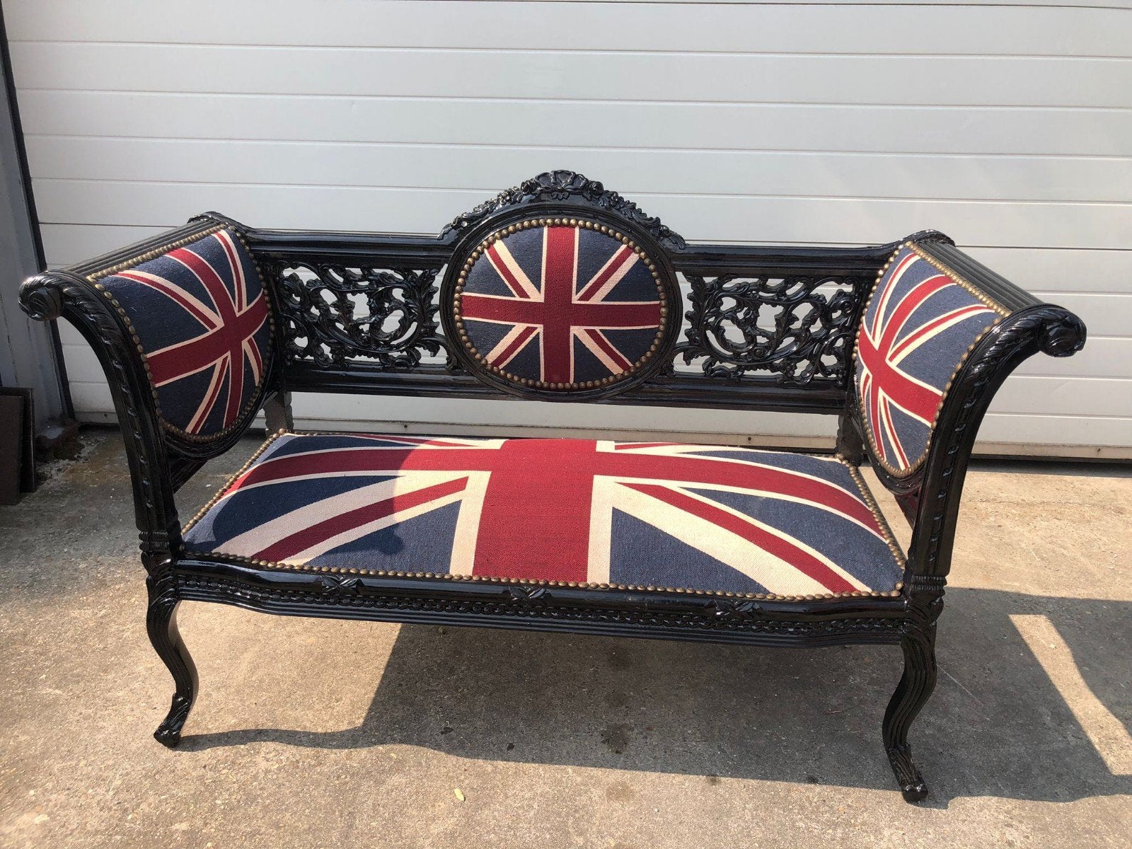 Barok bankje met Union Jack bekleding, Hout, Barok, Minder dan 75 cm, 150 tot 200 cm