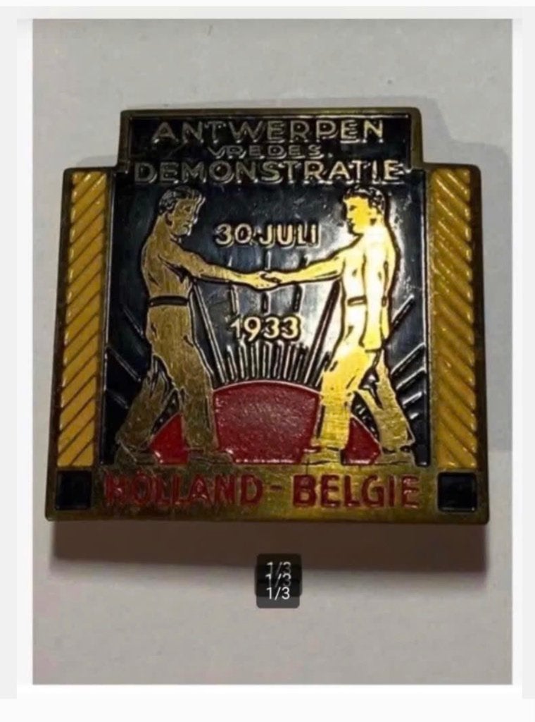 Penning Speld Antwerpen Holland Belgie 1933 vredesdemonstr., Postzegels en Munten, Penningen en Medailles, Ophalen of Verzenden