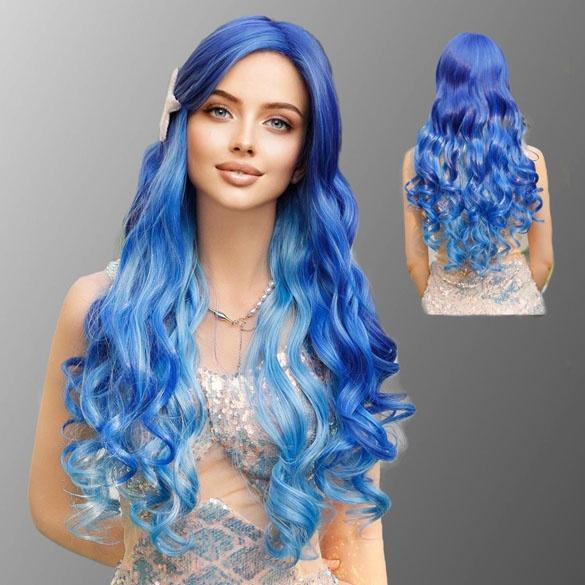 Luxe duo-color pruik blauw lang krullend haar Zeemeermin, Verzenden, Nieuw, Pruik of Haarverlenging