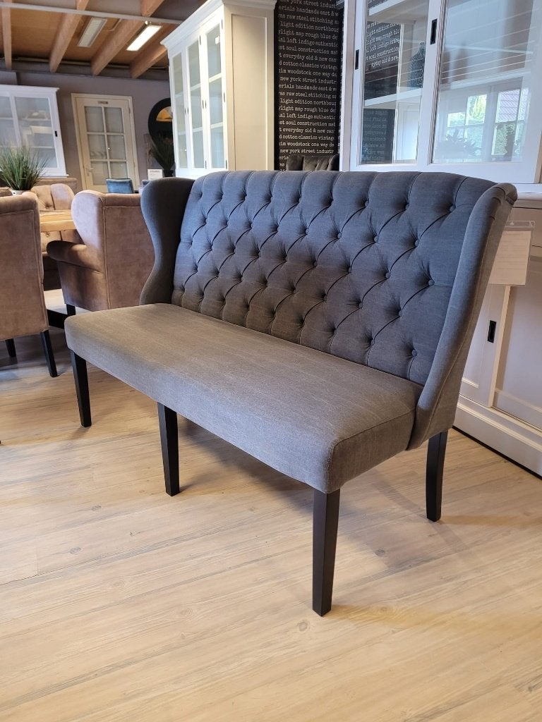 ACTIE Landelijke Eetkamerbank 150 + 2 Stoelen Antraciet (17), Nieuw, Vijf, Zes of meer stoelen, Landelijke eetkamerstoelen eetkamerbank stof ranch antraciet