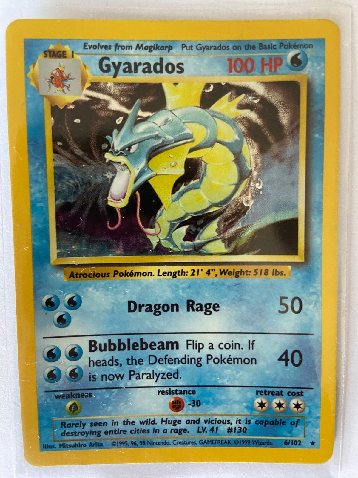 Holo Gyarados Pokémon kaart Base Set (6/102), Ophalen of Verzenden, Gebruikt, Losse kaart, Foil