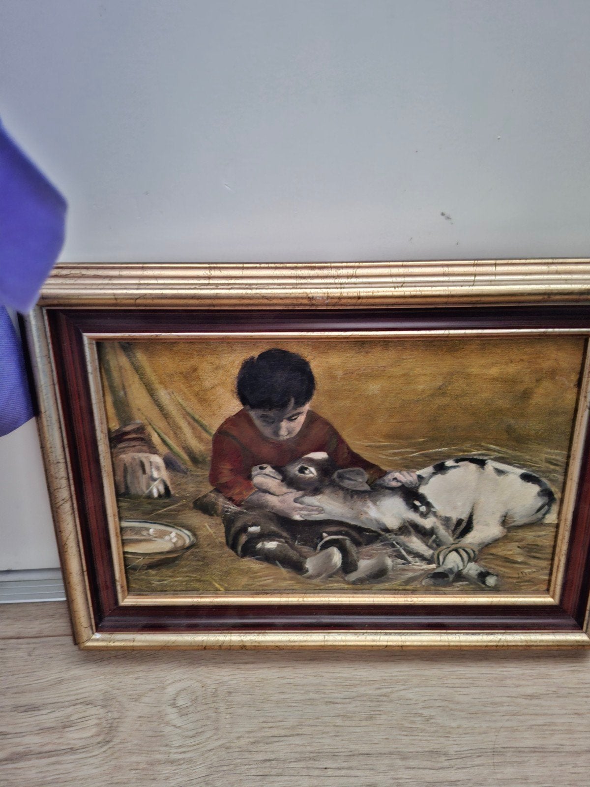 Oud schilderij jongetje met kalf, Ophalen of Verzenden