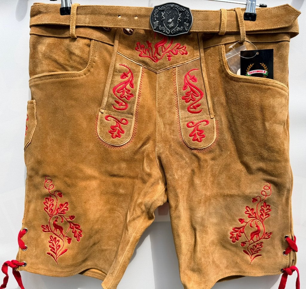 Heren lederhosen kort maat 52 & 54 echt leer riem rood, Maat 52/54 (L), Trachtenmode.nl, Nieuw, Ophalen of Verzenden